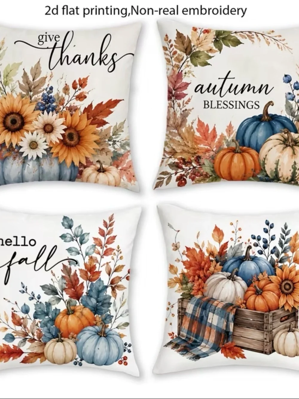 🆕 4 pc Autumn Blessings Fall Pumpkin Pillow Cover Set - Blue & Orange